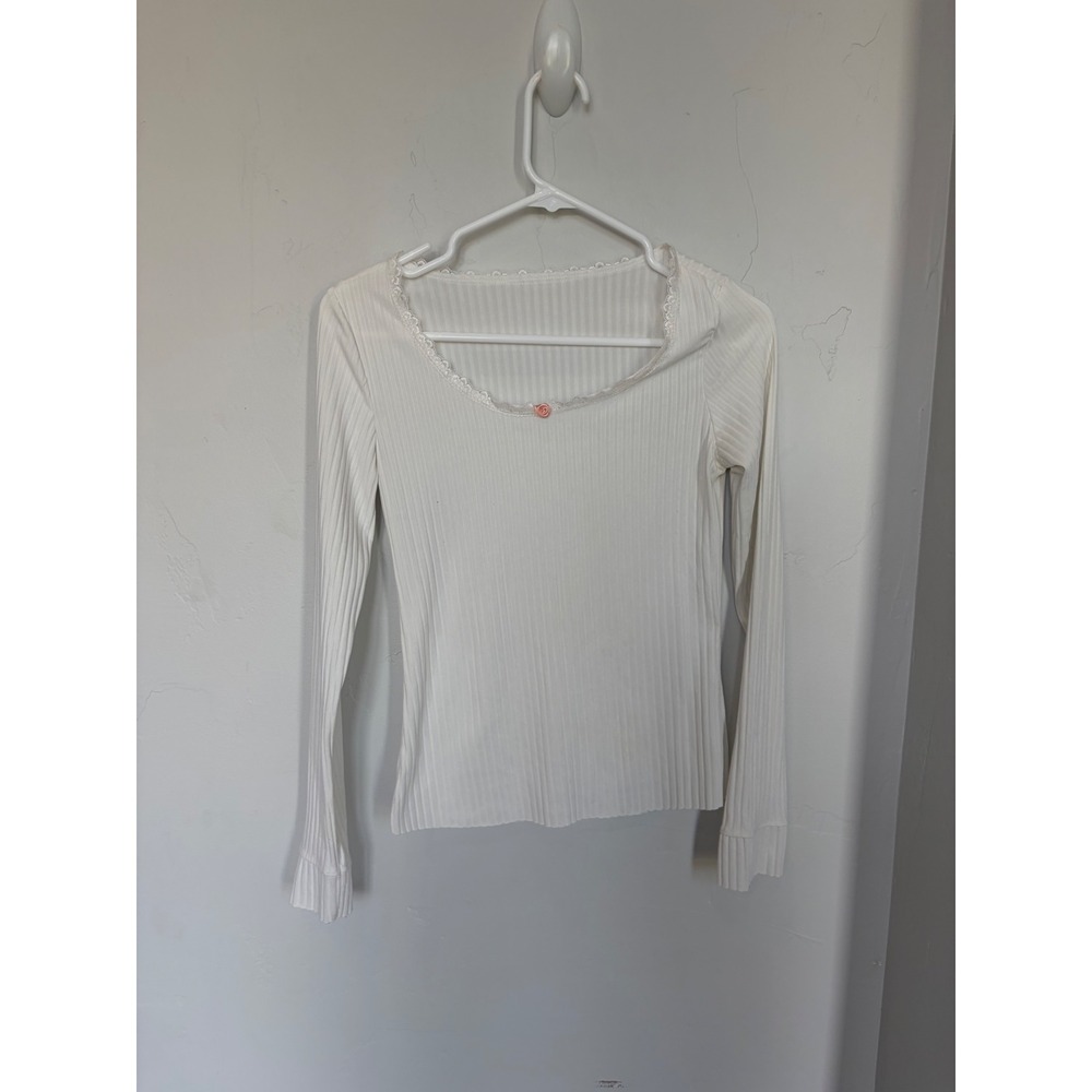 Cream‎ Ribbed Lace Trim Rosette Long Sleeve Top Coquette Y2K Scoop Neck Small